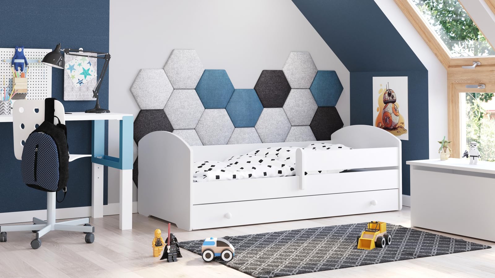 KOBI Cama Niño LUK Blanco 180x80 | Una cama para una habitación infantil y adolescente | Cajón, barrera de seguridad y colchón Incluido |