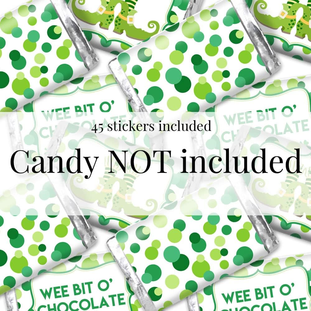 Wee Bit O' Fun St. Patrick's Day Birthday Mini Chocolate Candy Bar Sticker Wrappers for Kids, 45 1.4" x 2.6" Wrap Around Labels by AmandaCreation, Great for Party Favors