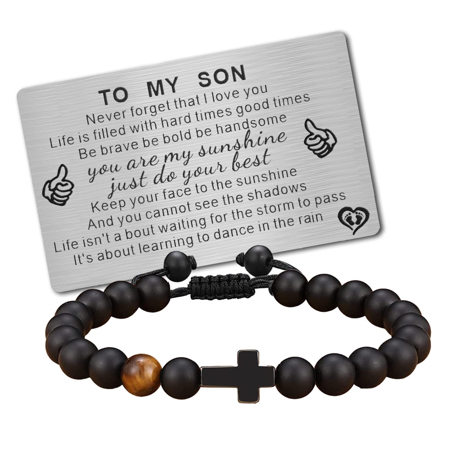 To My Son Bracelet from Mom Dad Handmade Mens Bead Bracelet with Engraved Wallet Card Cross Christian Gifts for Son Men Boys Birthday Graduation Gift