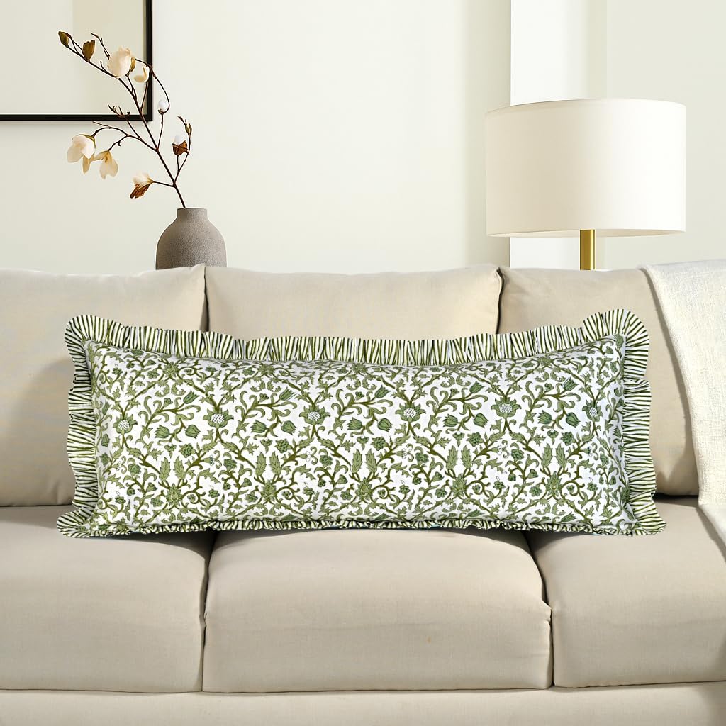 CPC Hand Block Print Agate Green Ruffle Sham Pillow Cover 20" x 12" inch Hidden Zipper Decorative Pillowcase for Couch, Bed, Sofa, Farmhouse, Cottagecore Decor Gift Spring, Mother's Day