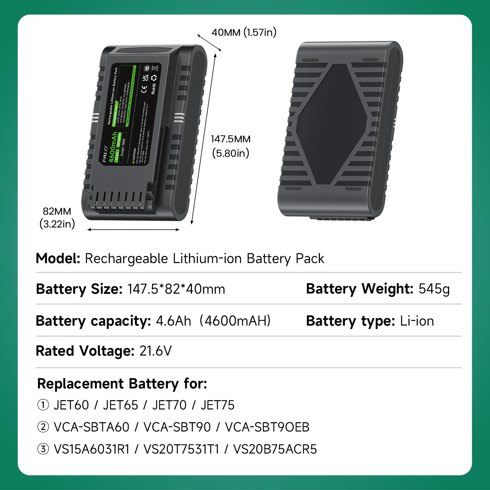 4600mAh 21,6V Ersatzakku für Samsung JET60 JET65 JET70 JET75 JET90 Serie, VS15A60 VS15T70 VS20T75 VS20B75 VS20R90 Akku (Not for JET85 / JET95)