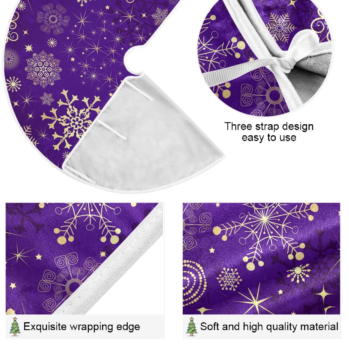 Christmas Tree Skirt Winter Violet Purple with Gold Snowflakes Christmas Tree Skirt Ornaments Mat for Xmas Home Decorations Party Outdoor Decor, 35.4 in