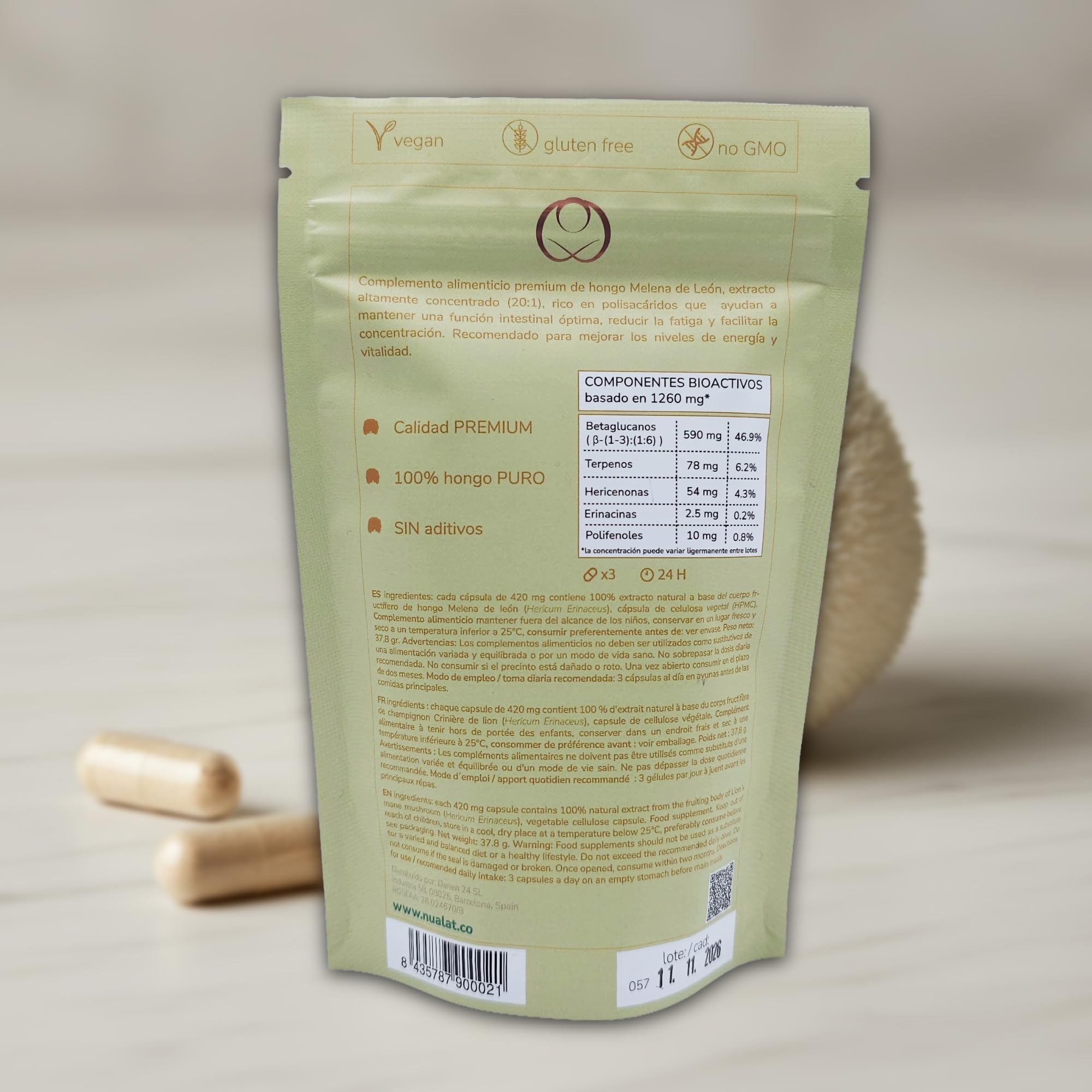 Extracto de Melena de León, Cápsulas Vegetales, Para Memoria y Salud Digestiva, 420mg, Extracto Natural 20:1, Con Beta-glucanos y Terpenos