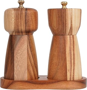 Salt and Pepper Mill Set with Tray, Adjustable Ceramic Grinder Salt Mill, Stainless Steel Grinder Pepper Mill, Acacia Wood, 14 cm Height, Bottom Dia 6 cm Tray is Included