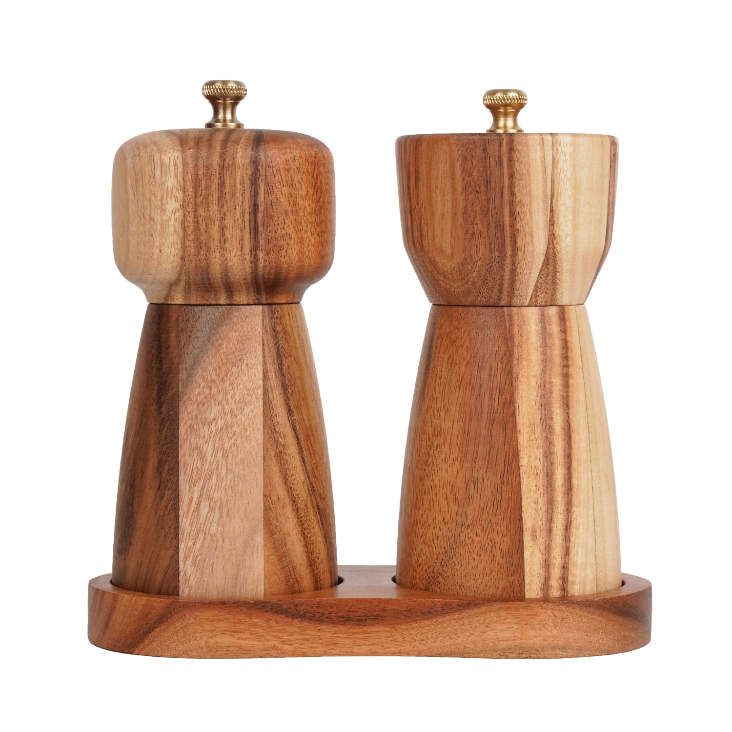 Ensemble de moulins à sel et poivre avec plateau - Moulin à sel réglable en céramique - Moulin à poivre en acier inoxydable - Bois d'acacia - Hauteur : 14 cm - Diamètre du fond : 6 cm