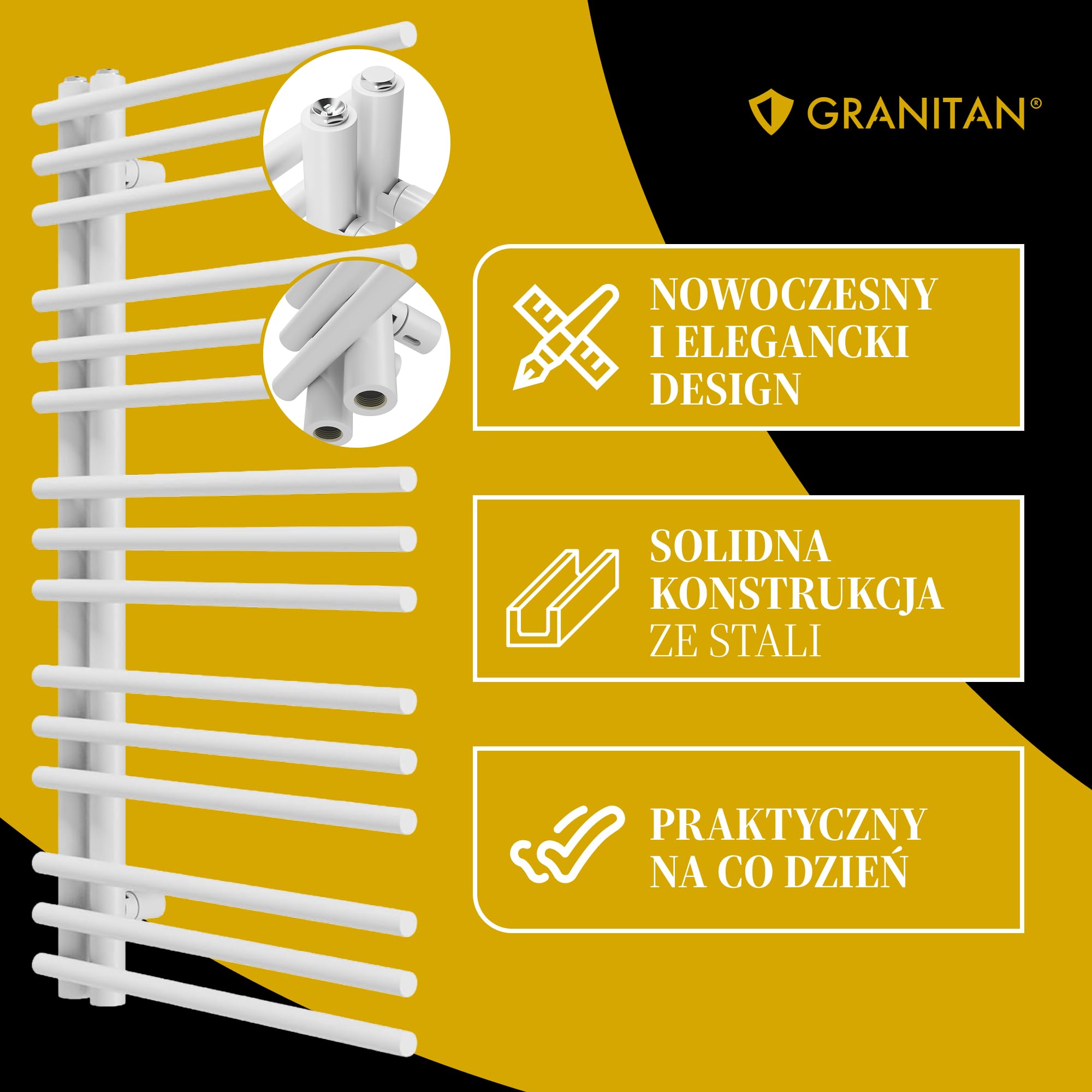 Granitan Grzejnik Łazienkowy MILO 90x50 cm, Biały, 400W | Grzejnik Łazienkowy Wodny, Ścienny grzejnik, drabinka do suszenia ręczników, podłączenie do centralnego ogrzewania