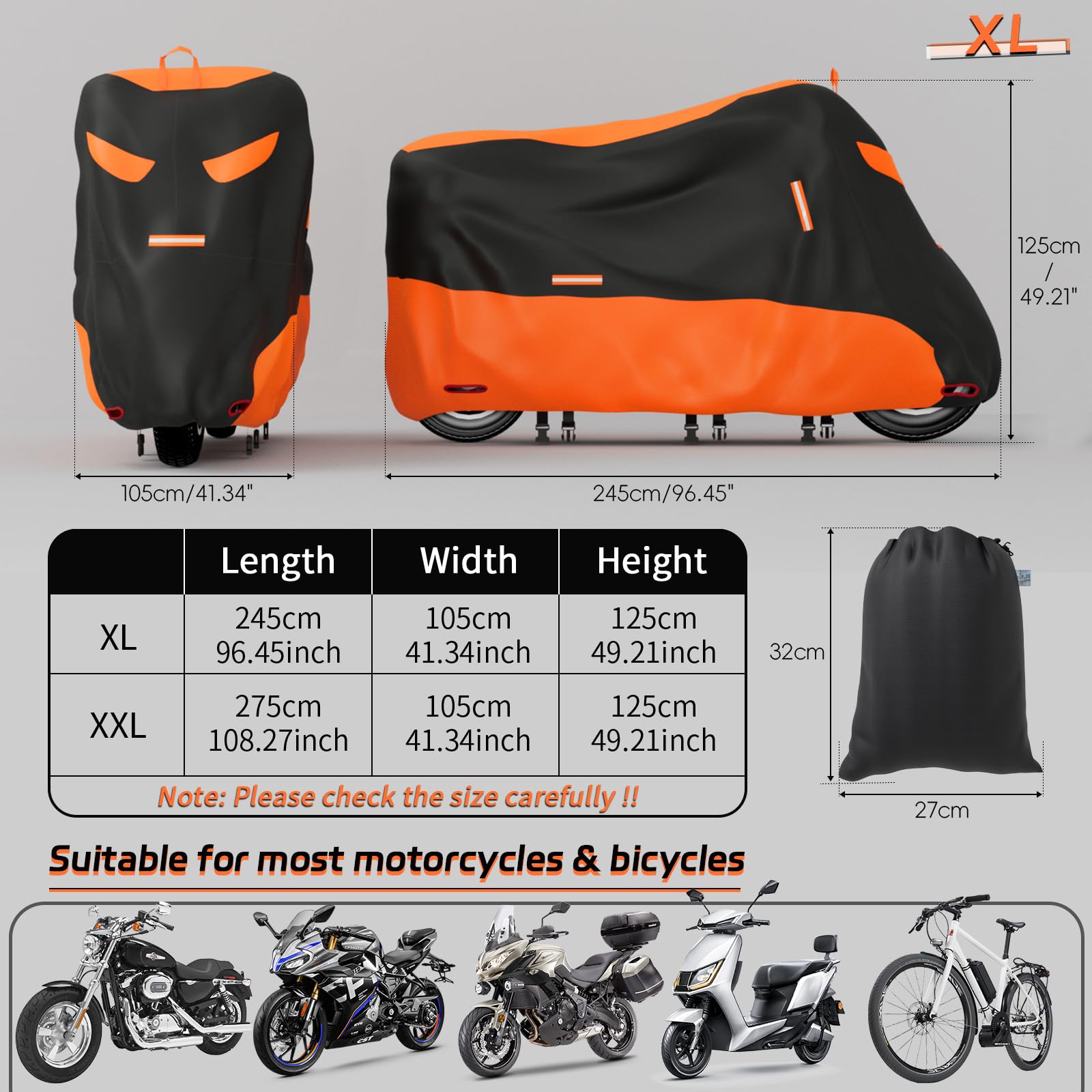 OFF WE GO Motorcycle Cover Universal All Season Weather Durable Waterproof Outdoor Protection with 5 Reflective Strips and Lock-Holes & Storage Bag Oxford Motorcycles Vehicle Cover, XL
