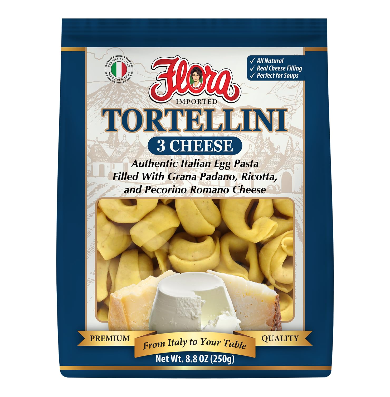 Flora Imported Tortellini 3 Cheese – Authentic Italian Egg Pasta, 8.8oz (250g)