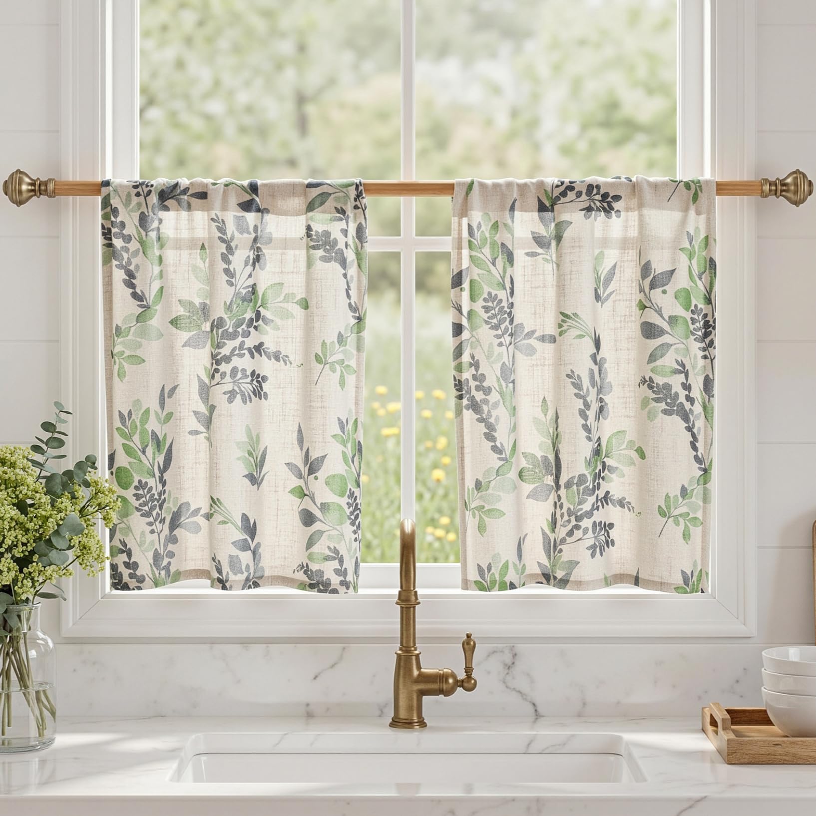 MYSKY HOME Linen Tier Patterned Curtains Over Sink 30 Inch Long Set of 2 Light Filtering Privacy Half Window Curtains with Rod Pocket for Kitchen, Cabinet, Basement, Camper, Green, 30" W Each Panel