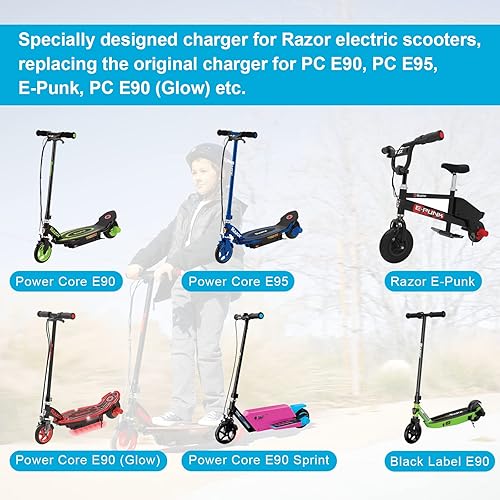 Vista 3 de Cargador eléctrico para scooter Razor Power Core E90 E95 para Black Label Powercore E90, MX125 Dirt Bike, E-Punk, XLR8R, máquina de crema eléctrica