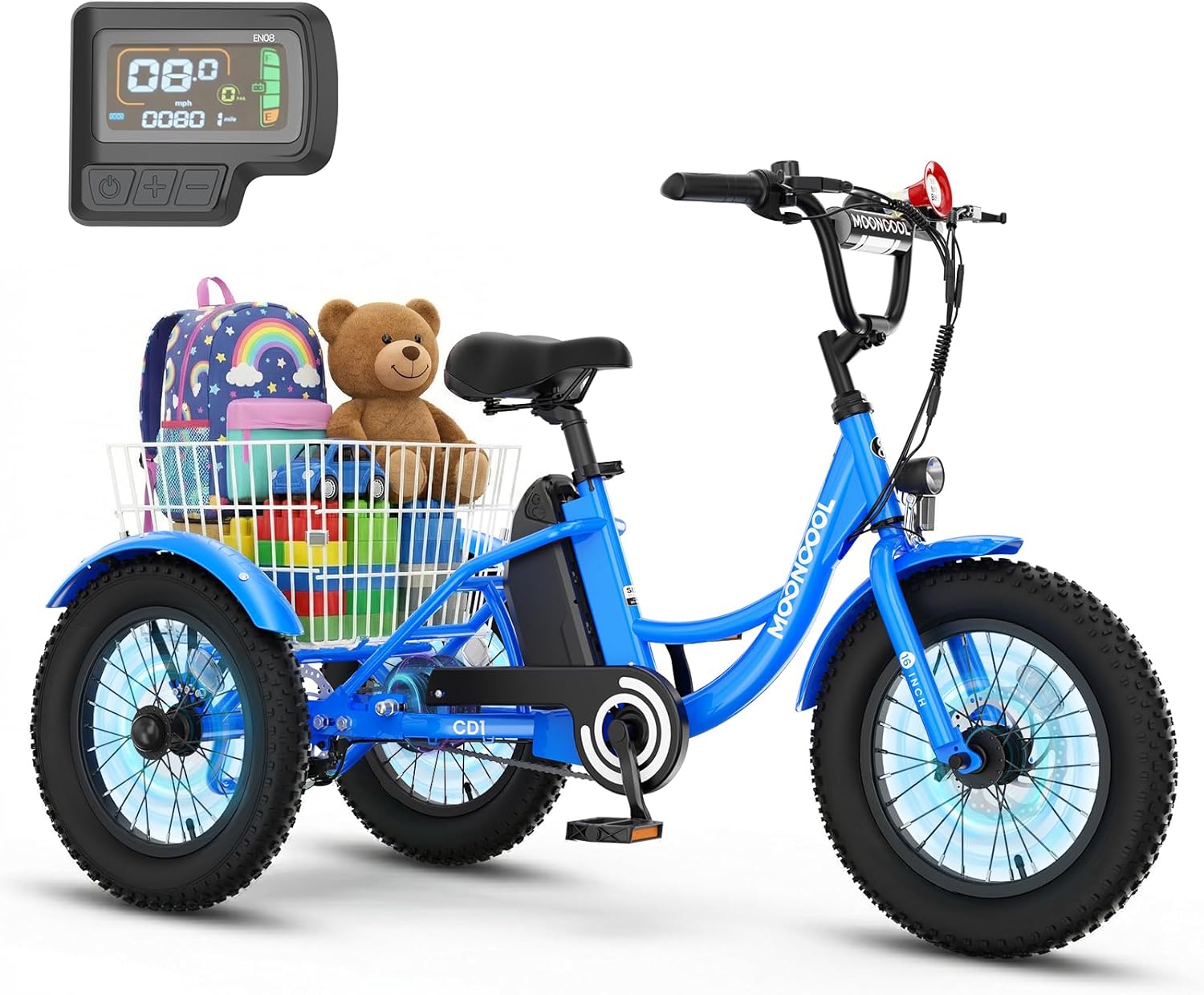 MOOHOTO 16" Electric Tricycle for Small Riders, 3 Wheel Fat Tire E-Trike with Low Step-Through Aluminum Frame, Low-Speed Mode, Removable Battery, Rear Basket, Easy Control for Beginners