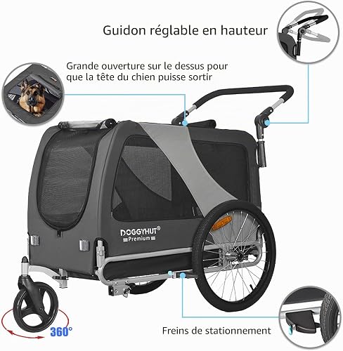 DOGGYHUT® - Rimorchio per bicicletta 2 in 1 per cani e jogging, 23 – 45 kg, per cani, per bicicletta, 80106 (grigio) - 2