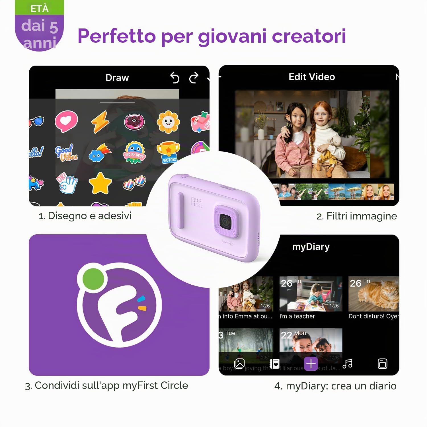 myFirst Camera 50, Fotocamera Digitale per Bambini con AI, Selfie Light Bar, Video & Foto Editing, WiFi, Diario Segreto, Controllo Genitori, Sicurezza e Privacy, Lilla