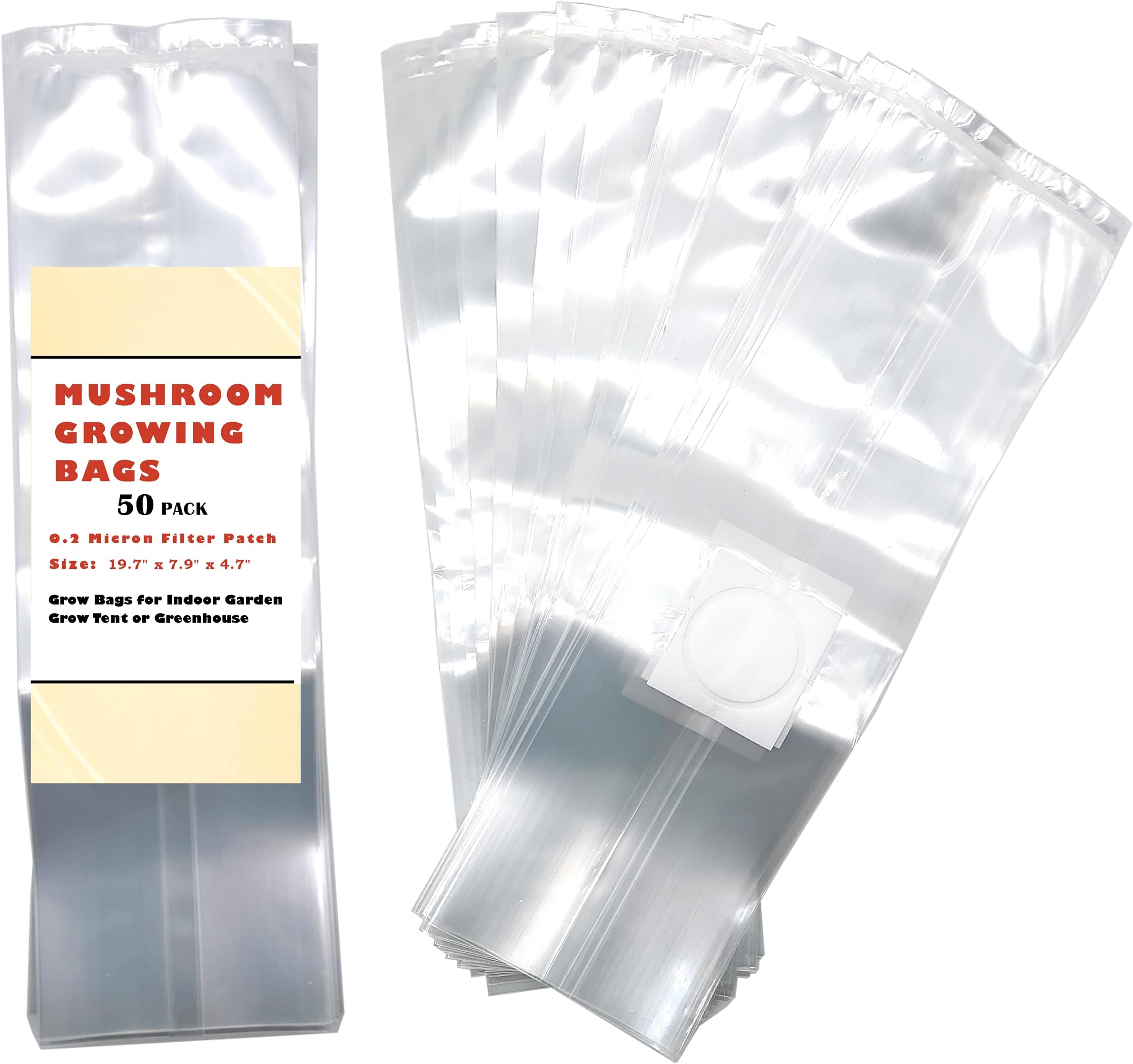 50 Pack, Extra Large Mushroom Grow and Spawn Bags - Extra Thick Polypropylene Material, Tear Resistant - Size 20" X 8" X 4.7" with 0.2 Micron Filter Breathable - Spawn Rye