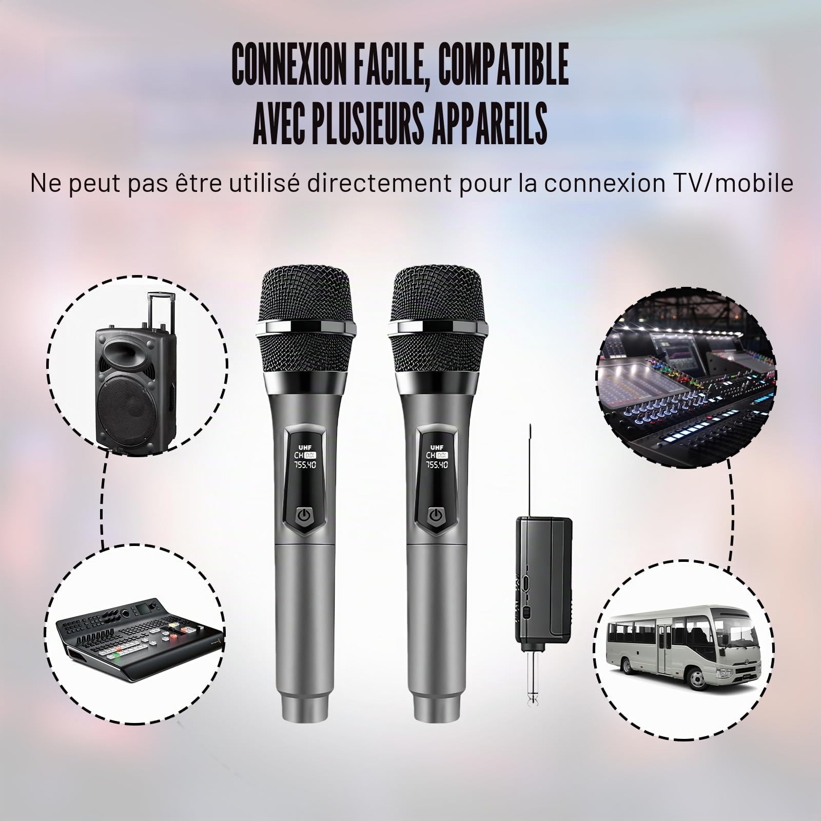Microphone sans Fil, 2.4 GHz Microphone Karaoké Rechargeable, Système de Micro Dynamique sans Fil Double, Micro san Fils avec Récepteur pour Chanter Karaoké, Mariage, Classe, DJ, Fête, PA(Gris)