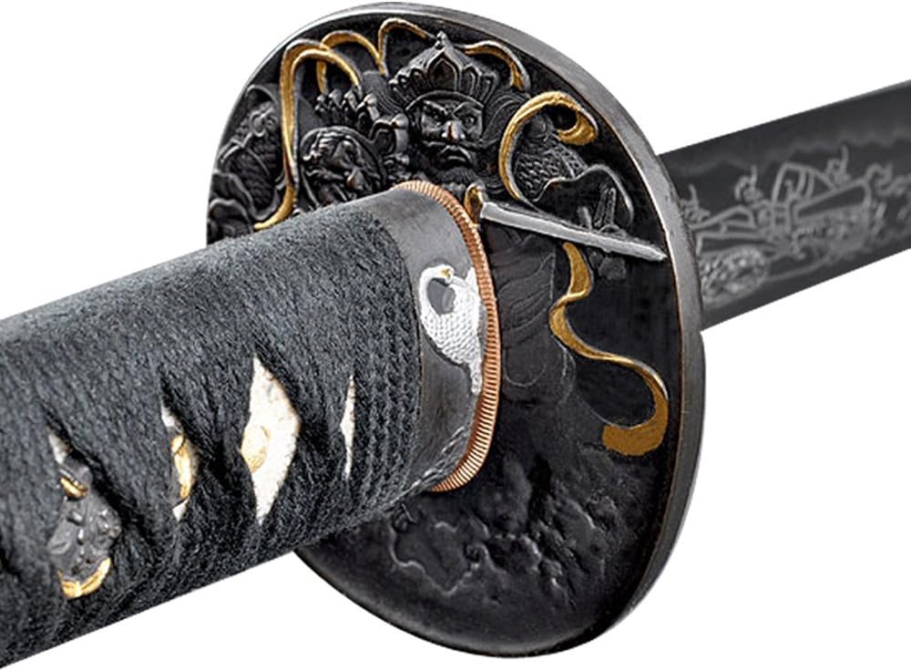 Handmade Sword - Samurai Katana Sword, Battle Ready, Hand Forged, 1045 Carbon Steel, Heat Tempered, Full Tang, Sharp, Fudo Myoo Tsuba, Fudo Myoo Engraving on the Blade, Red/Black Wooden Scabbard