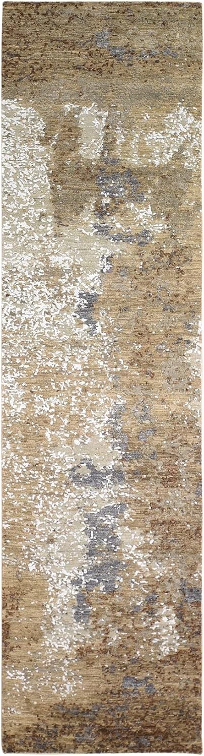 Brown Abstract Design Wool and Silk Hi-Low Pile Denser Weave Hand Knotted Runner Oriental Rug(2'6"x10')