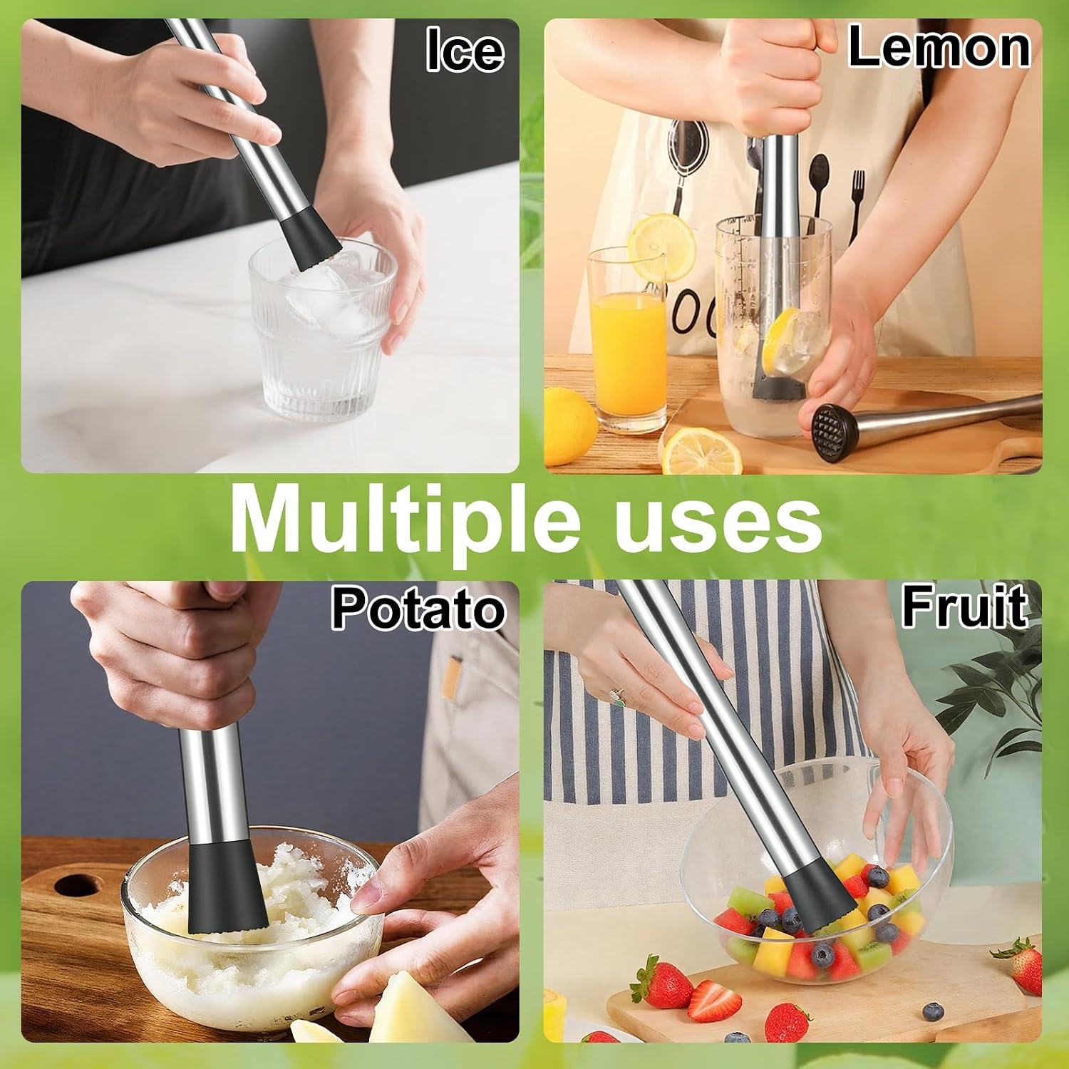 4Pcs 10'' Muddler and Spoon Set for Cocktails 304 Stainless Steel Fruit Smasher Home Bar Bartender Accessories Stirrers Mixing Tools for Mojitos Drinks Lemonade Stand Supplies