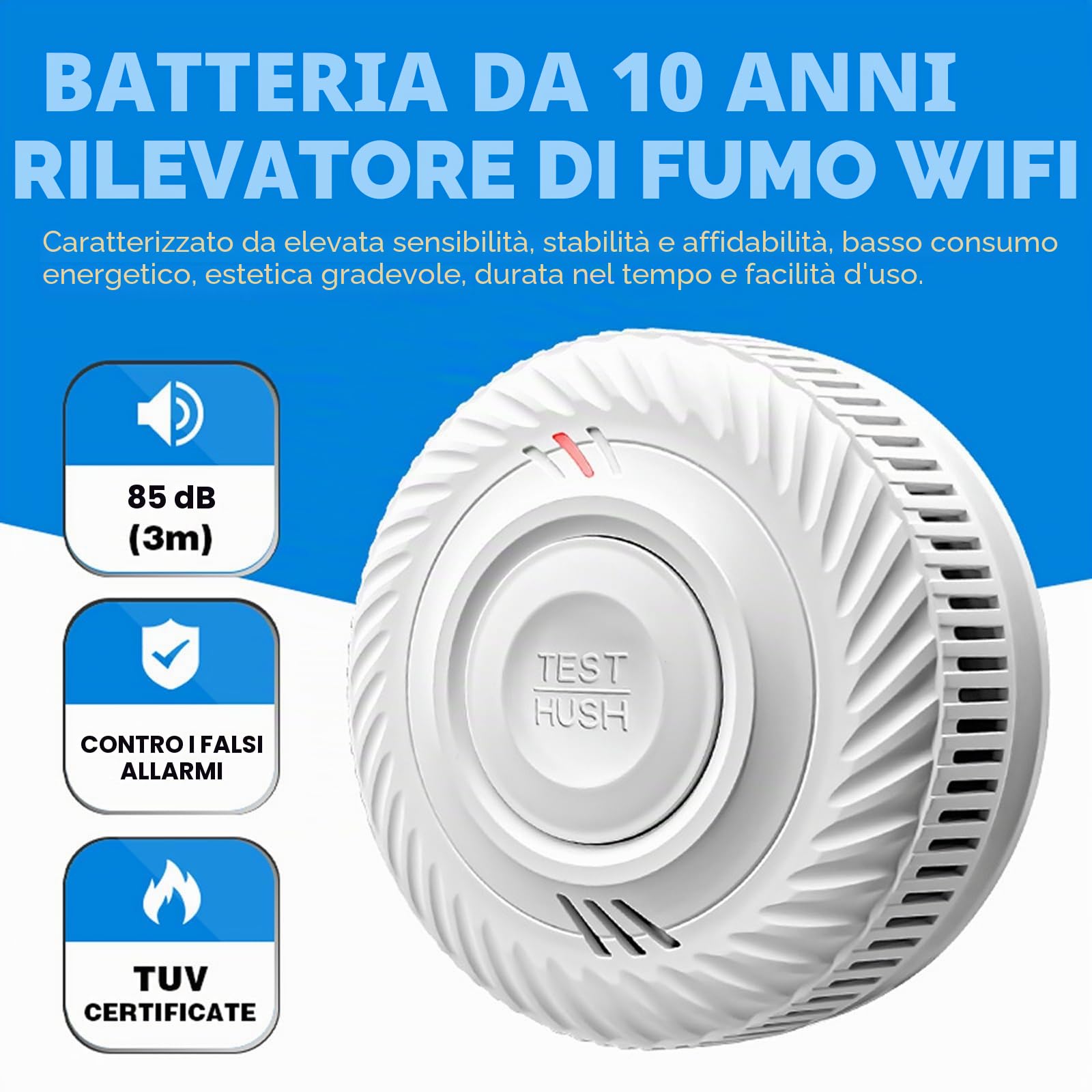Smart Rivelatore di Fumo, Rivelatore di Fumo Wi-Fi, compatibile con l'app Tuya/Smart Life, nessun gateway richiesto, segnale di allerta da 85 dB, mini rivelatore di fumo e incendio connesso, (2 Pezzi)