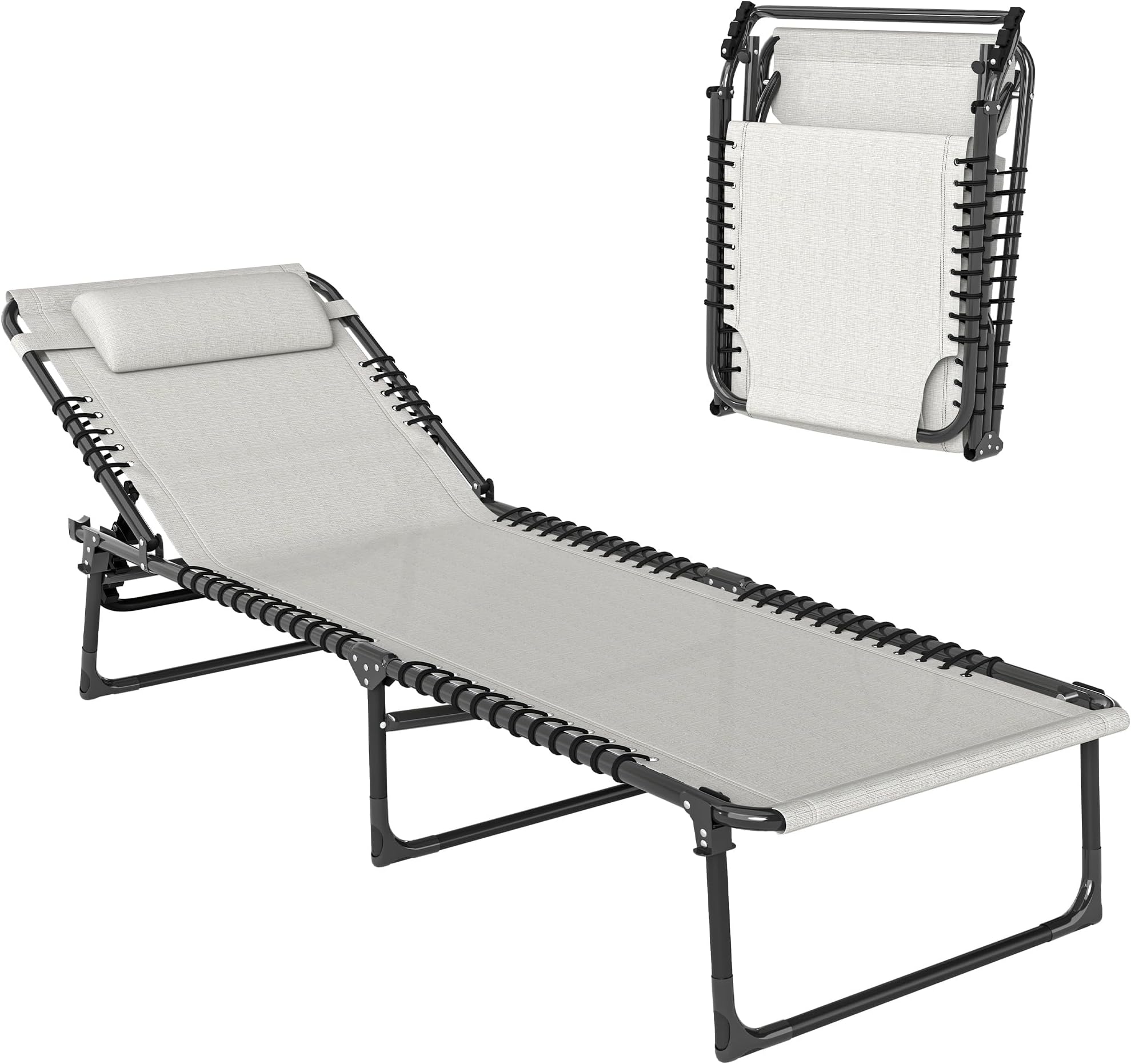 Outsunny Folding Chaise Lounge Chair, Patio Sun Tanning Chair, Outdoor Chaise Lounger with 4-Position Reclining Back, Breathable Mesh Seat for Beach, Poolside, Yard, Cream White