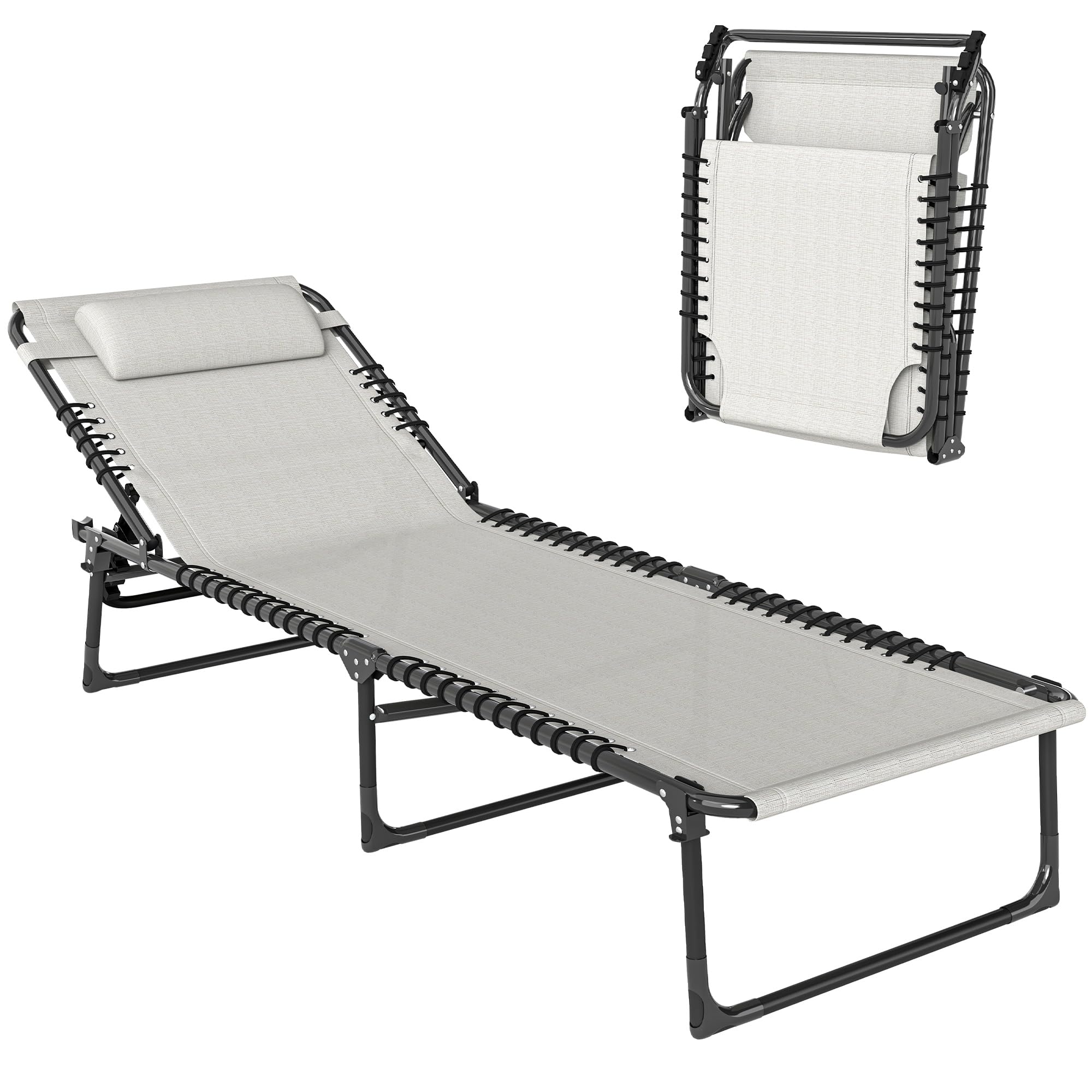 Outsunny Unisex Cream Folding Beach Chair Chaise Lounge 4 Adjustable Positions In