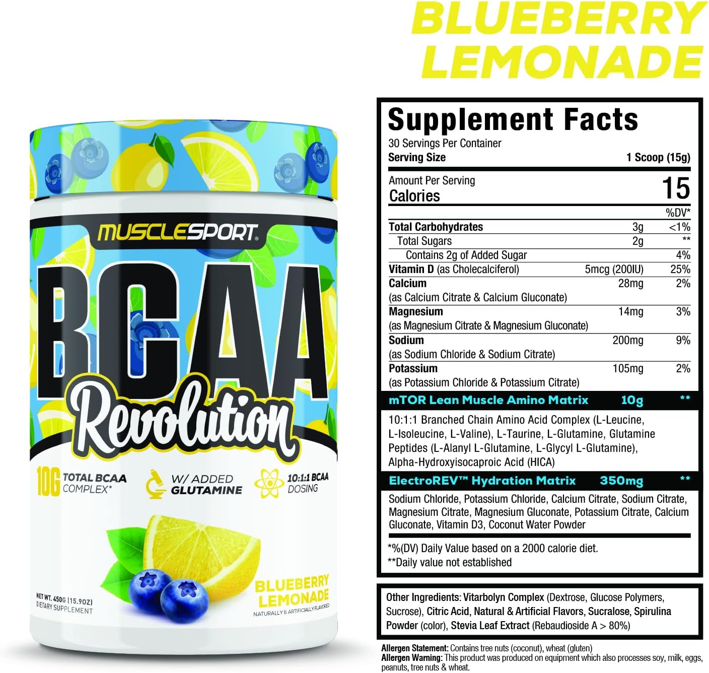 Musclesport BCAA Revolution Amino Acid Powder Supplement for Men & Women - Intra Workout Training Complex - Recovery Supplement (Blueberry Lemonade