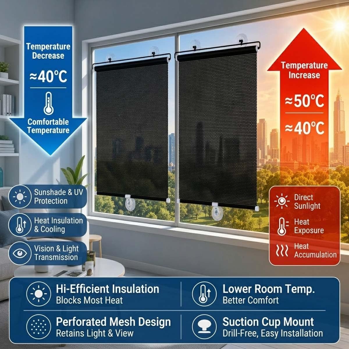Persianas Enrollables con Ventosas Sin Taladrar, Estor Térmico Opaco,Cortinas Oscurecimiento Apagón Protección UV Aislamiento para Ventana Cocina Baño(75x190cm)