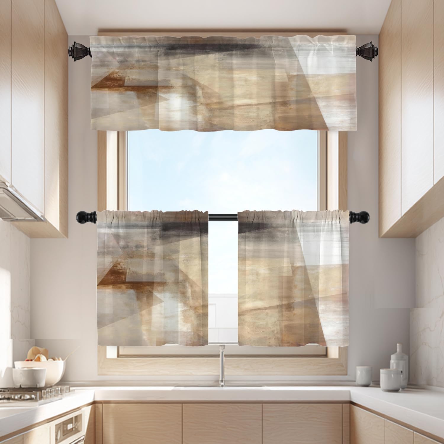 Batmerry Brown Abstract Art Valance Curtains, Beige Painting Window Treatment Kitchen Valances Multilayer Polyester Blackout for Living Room/Bathroom, 2 Pack 52x16 inches