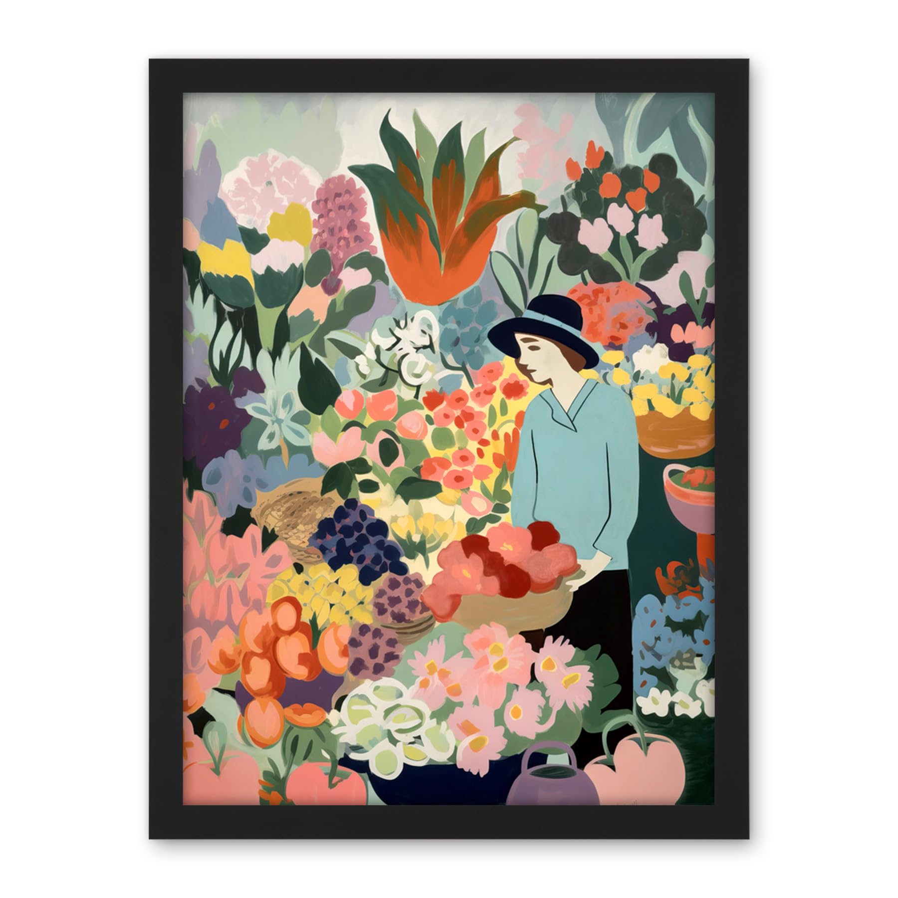 Artery8 Danish Pastel Aesthetic Flower Market Watercolour Painting Woman Bouquet Artwork Framed Wall Art Print 18X24 Inch
