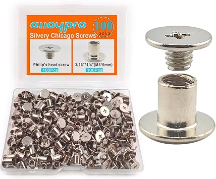 100 Sets Silvery Chicago Binding Screws Assorted Kit Nail Rivet Chicago Button DIY Leather Decoration Bookbinding Round Cross Head Stud Screw Silvery 3/16" x1/4"-50 Sets