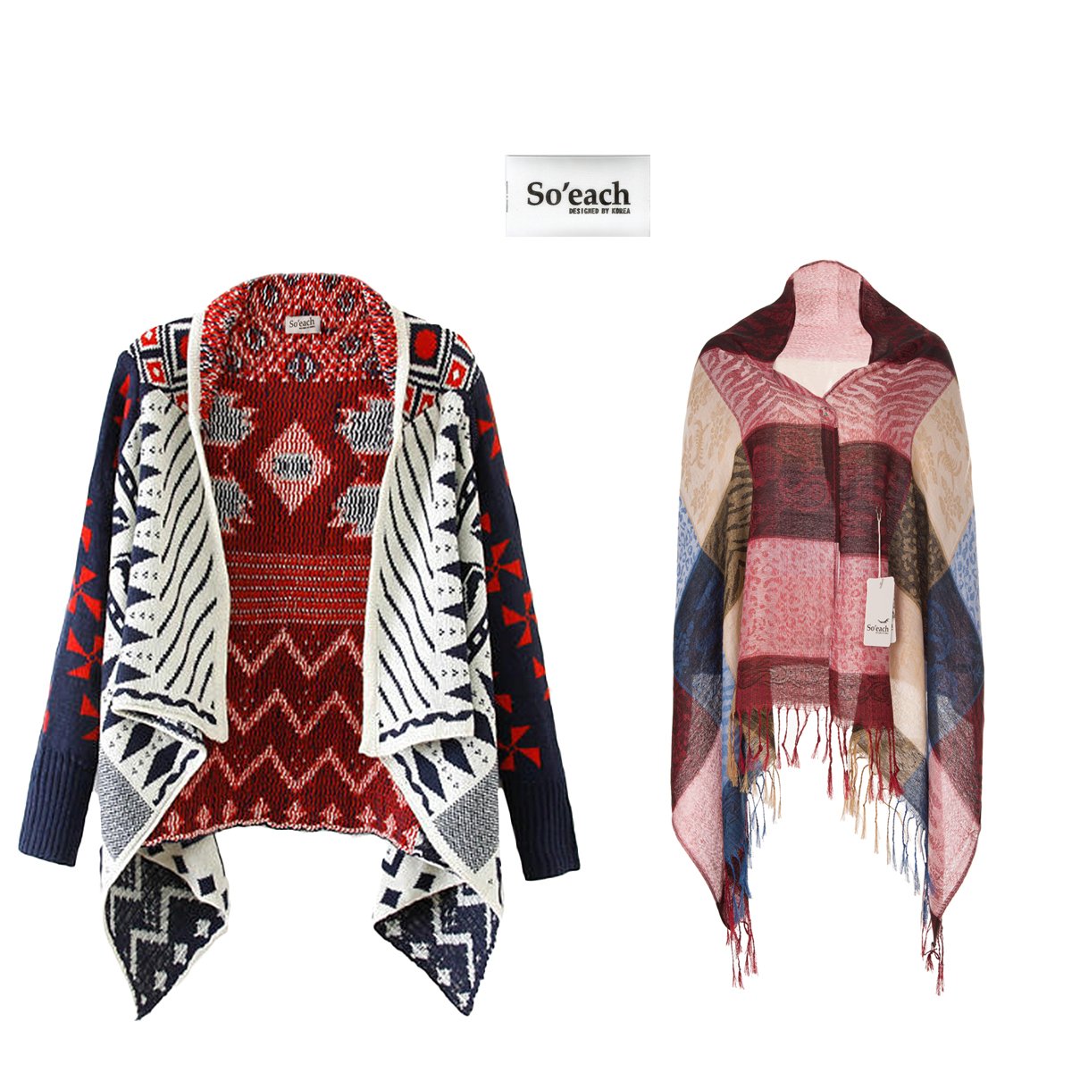 So'each Women's Aztec Pattern Irregular Lapel Long Section Knit Cardigan Sweater (Navy Blue)