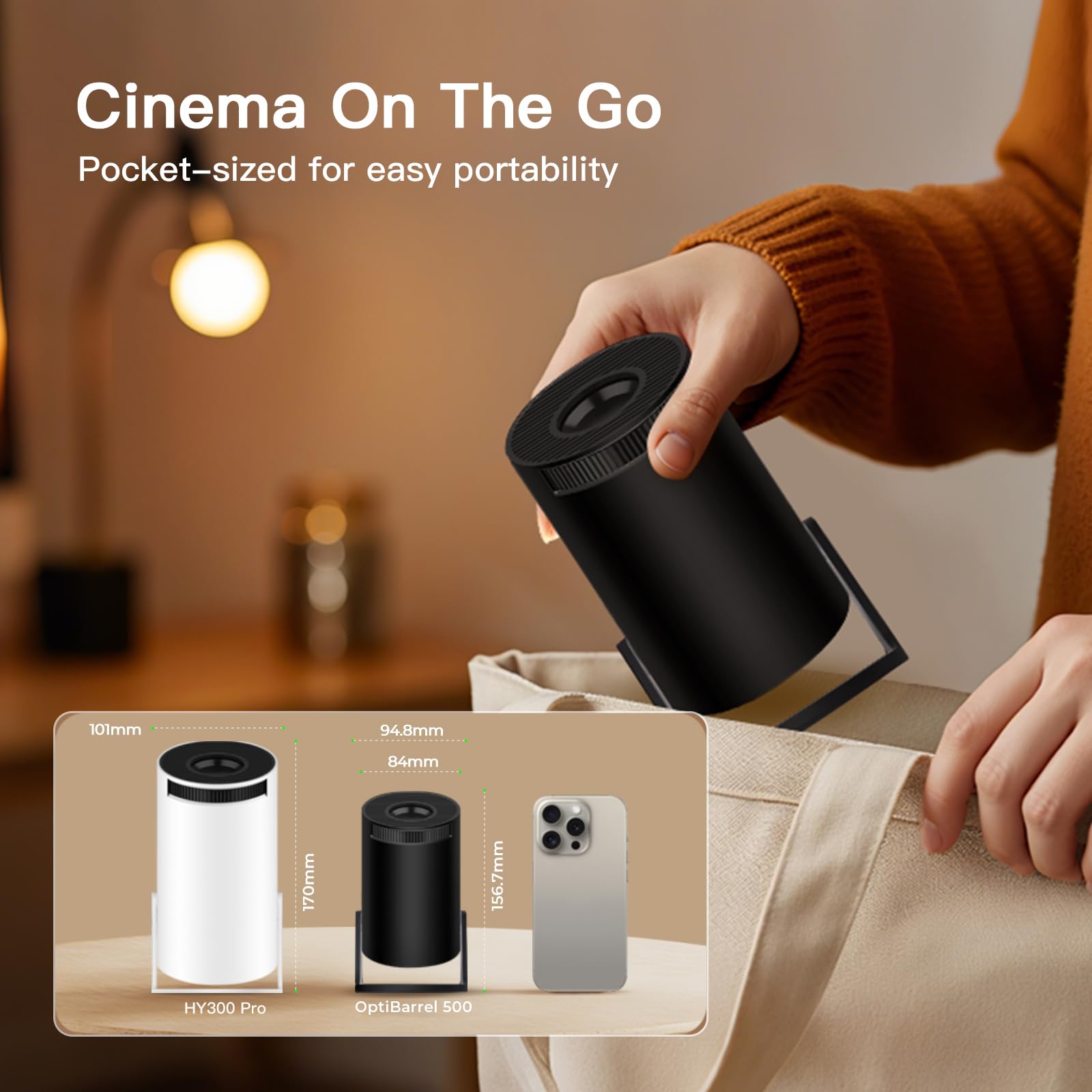 Mini Beamer Native 720P 4K unterstützt Android 14 Smart TV Projektor, WiFi 6 Bluetooth 5.4, Auto-Keystone, 300 ANSI, schwarz