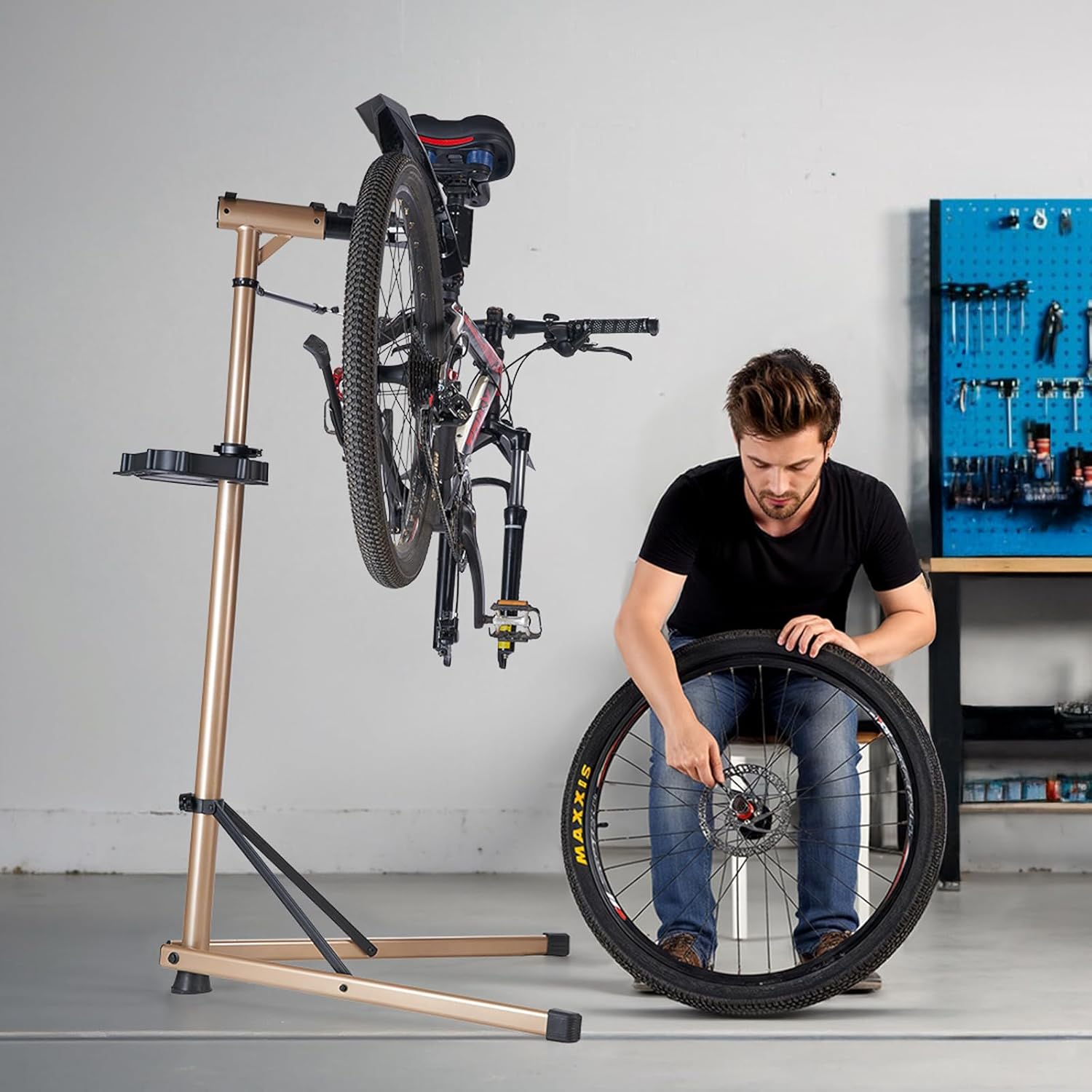 VEVOR Bike Repair Stand, Max. 110 lb Heavy-duty Bicycle Work Stand with 40.3-59.4 in Adjustable Height & Large Tool Tray, Foldable Ebike Maintenance Rack, Shop Home Mechanics for Mountain Road Bike