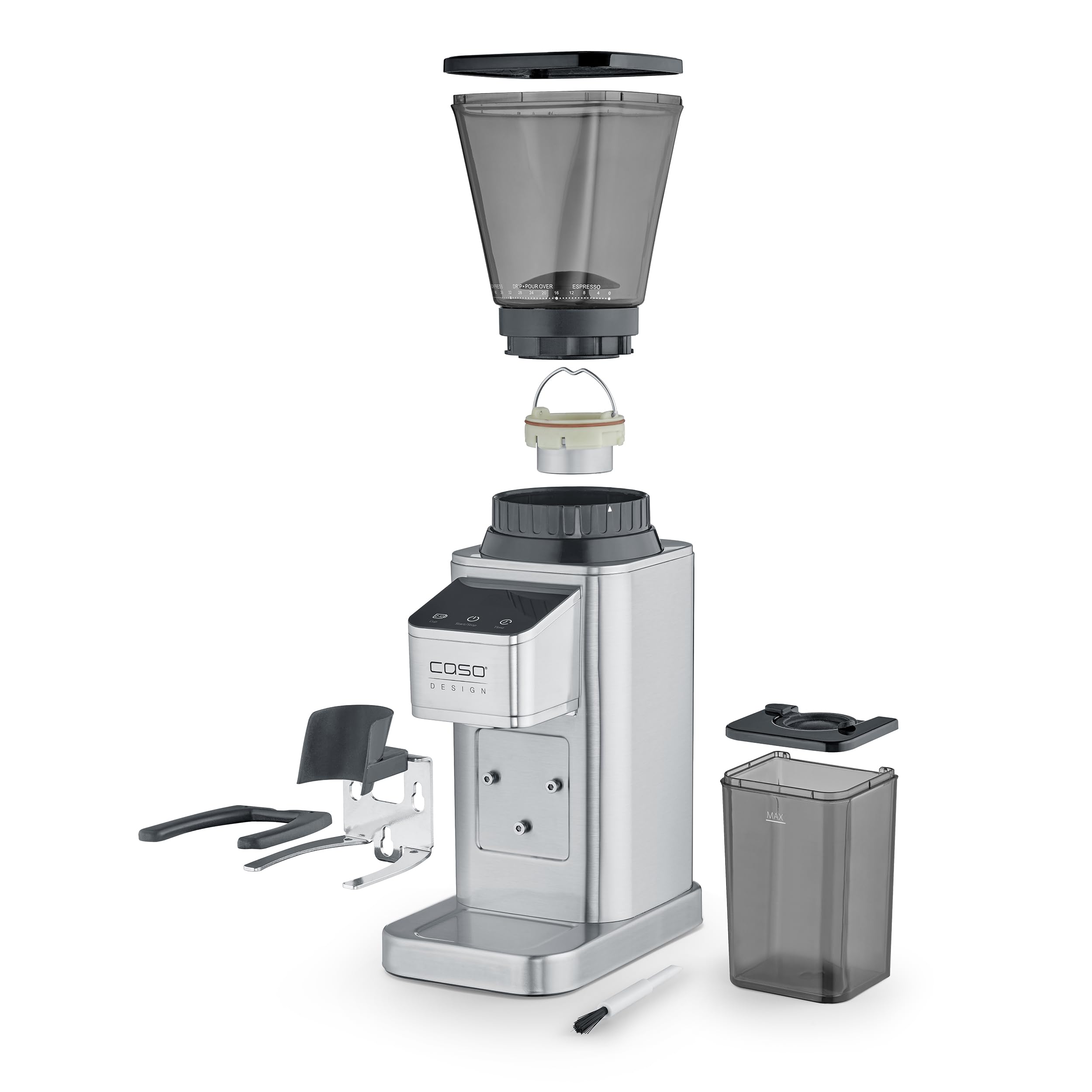 CASO BaristaChef Inox elektryczny młynek do kawy, stożkowy mechanizm mielący ze stali nierdzewnej, 48 stopni mielenia, 450 obr./min