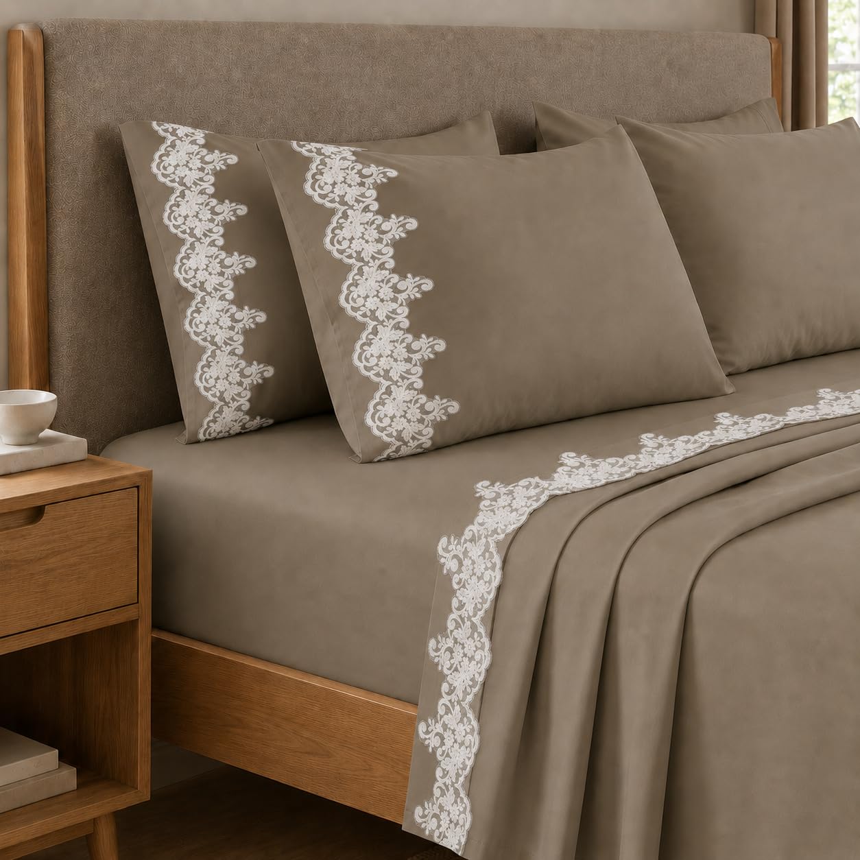 PETTI Artigiani Italiani - Percale Flat Sheet for Double Bed with Lace Percale Double Bed Sheet Set with Lace Taupe 100% Made in Italy