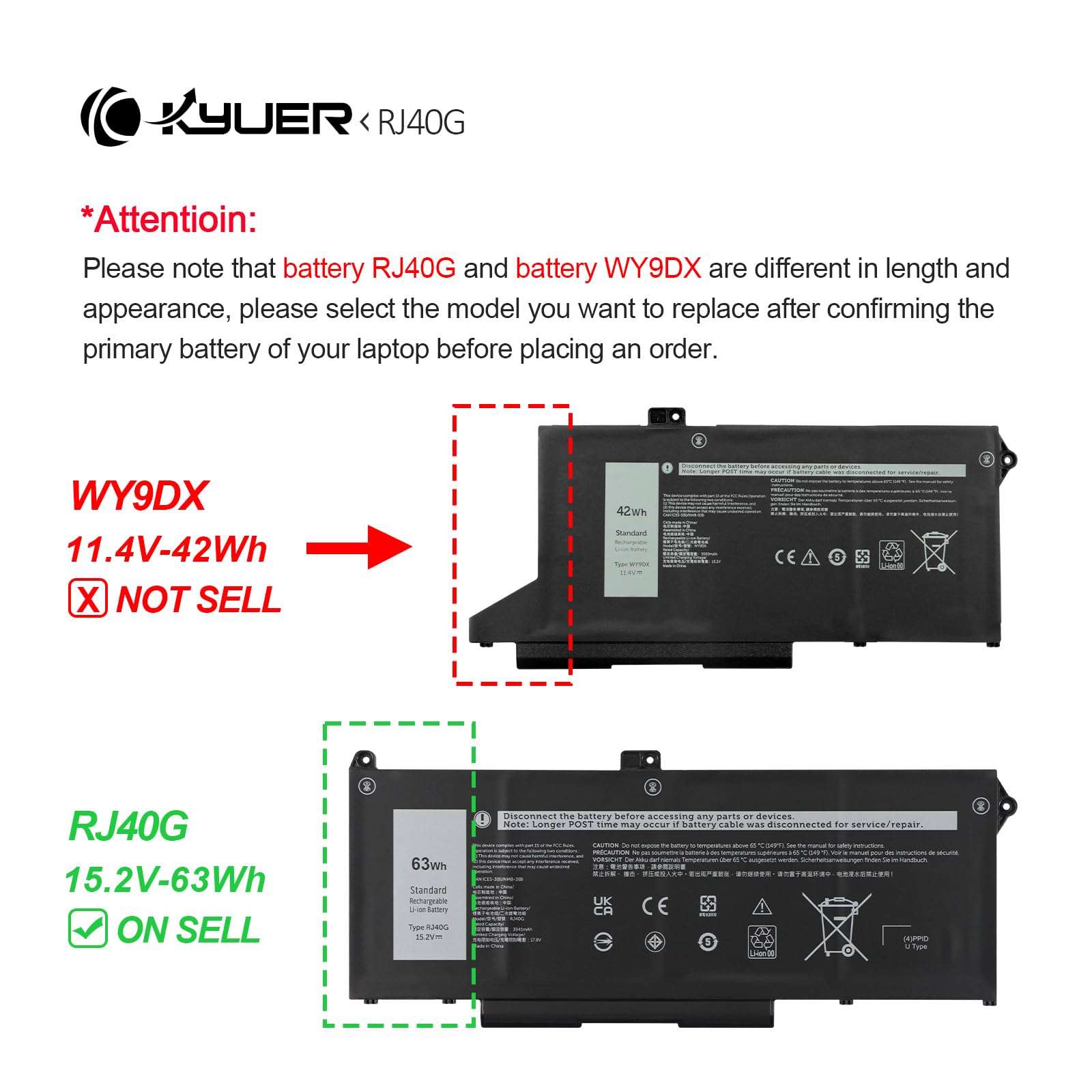 K KYUER RJ40G Laptop Batería para DELL Latitude 14 5420 Latitude 15 5520 Precision 15 3560 Mobile Workstation P137G P104F P137G001 P104F001 P104F002 075X16 01K2CF WY9DX 0WK3F1 0M3KCN Notebook Battery