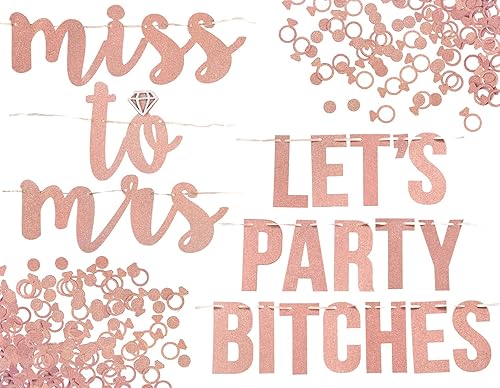 Miss to Mrs, Let's Party Bitches - Juego de pancartas para despedida de soltera, compromiso o fiesta de boda. 2 pancartas brillantes con anillo de
