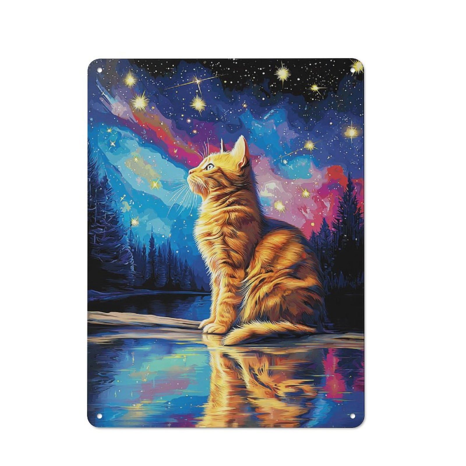 Junmoney Starry Night Cat Reflection -4 Vintage Metal Sign 40X30cm, Bistro Style Bistro Wall Plaque For Cafe, Bistro, Bakery Or Restaurant