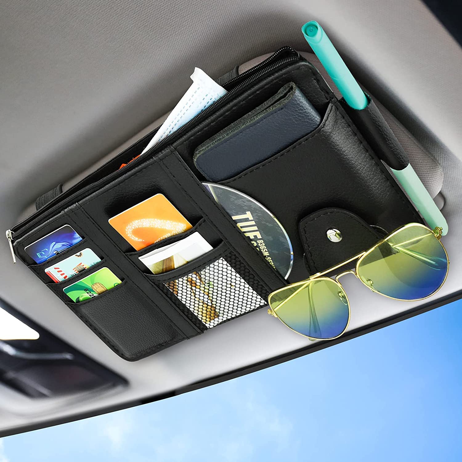 BROGBUS Document Folder Car Visor Organizer Sun Visor Organizer for Car Pens, Sunglasses and Document Pockets (Black)-image-0
