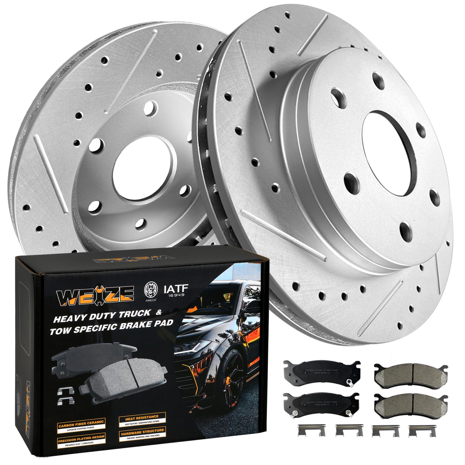 WEIZE Front Truck & Tow Brake Kit, Drilled Slotted Rotors with Carbon-Fiber Ceramic Pads Kit, Replacement for Chevy Silverado Suburban Tahoe Express/GMC Sierra Yukon XL Savana/Cadillac Escalade