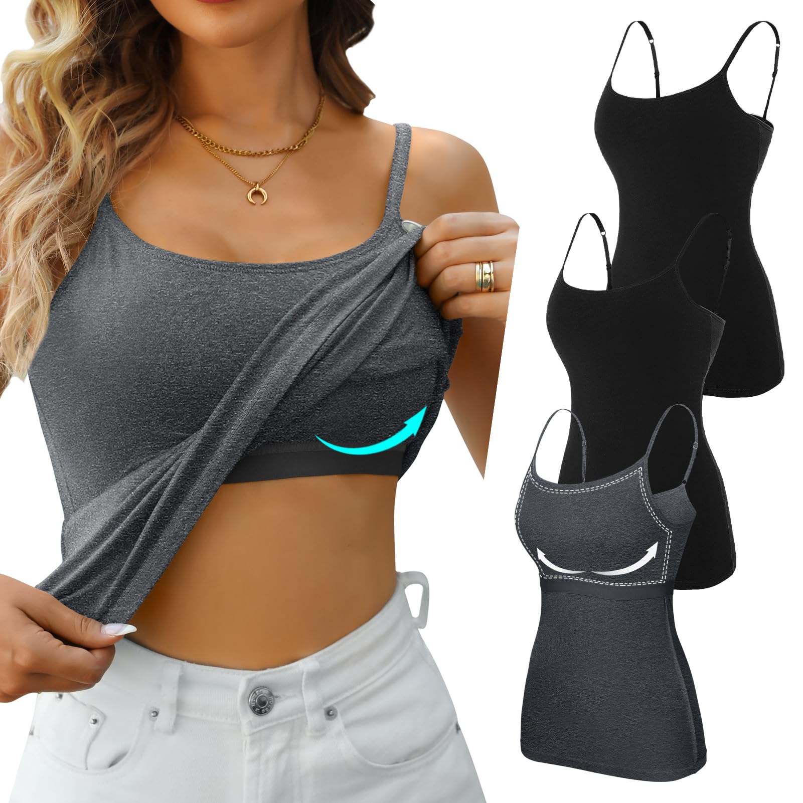 V FOR CITY Unpadded Tank Top for Women with Shelf Bra Cotton Camis 3 Pack