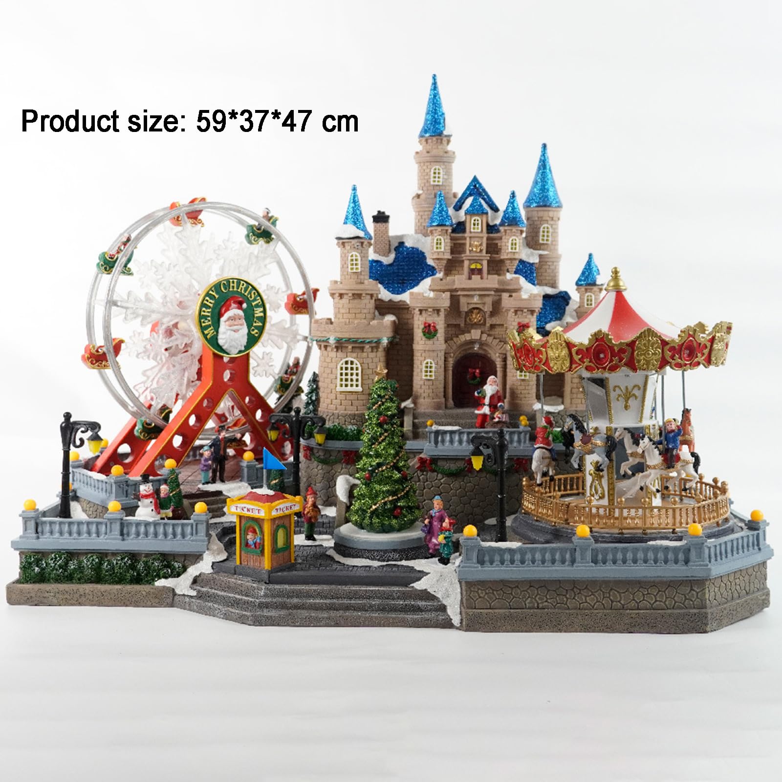 Figuras De Pueblo Navideño, Decoración De Casa De Pueblo Navideña con Luces LED, con Noria Giratoria Y Árbol, para Adornos De Mesa para El Hogar, Decoración Navideña
