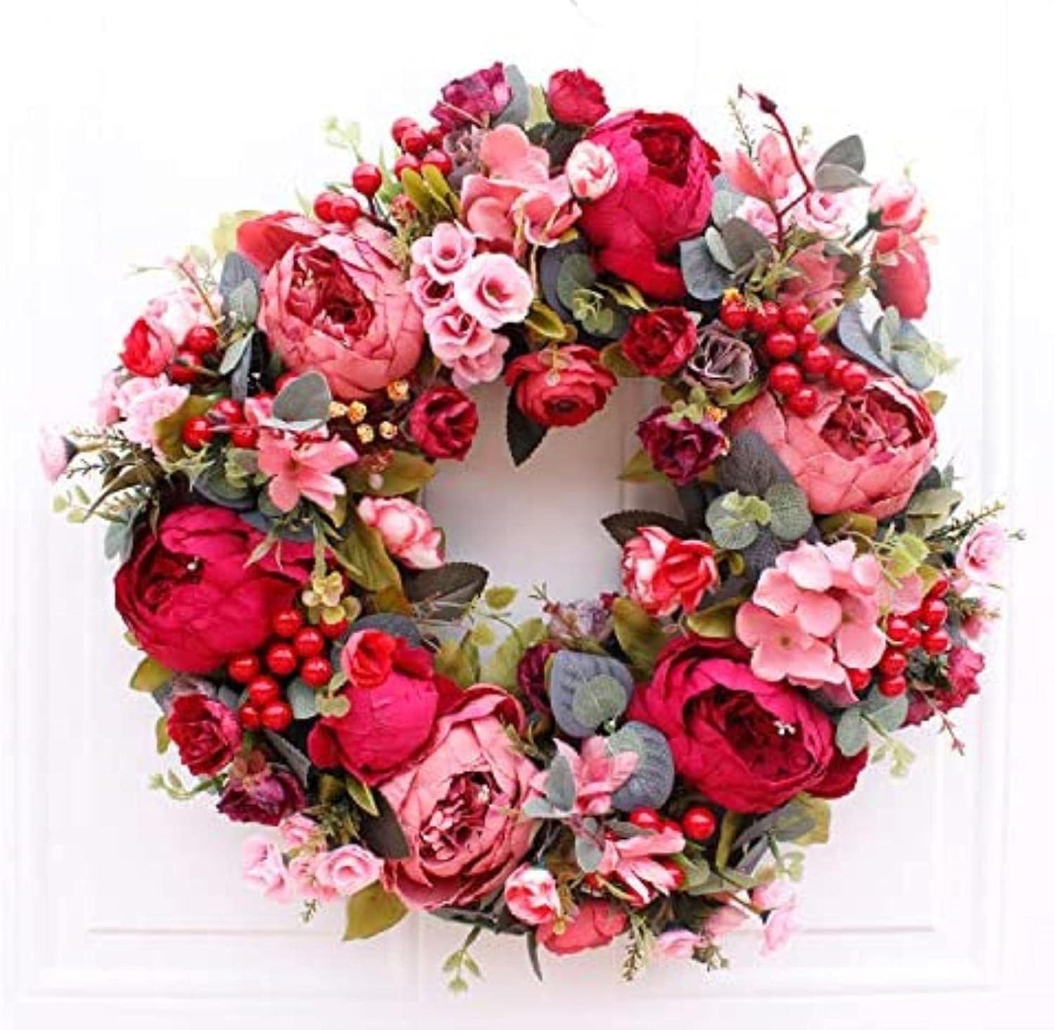 クリスマスリース 人工リース 装飾人工リース 秋の赤牡丹のリース クリスマスドアの装飾品 壁掛けリース ホームデコレーションに最適