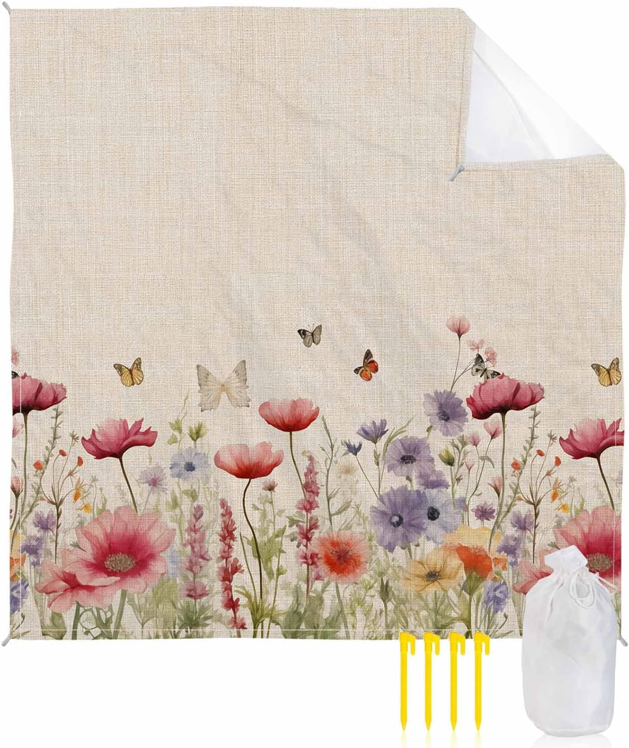 Beach Blanket Waterproof Sandproof Beach Mat,Spring Retro Pastoral Flower Linen Picnic Blankets with Sand Pockets and Stakes,Butterfly Floral Herb Plant Outdoor Pad for Seaside,Travel 118x108In