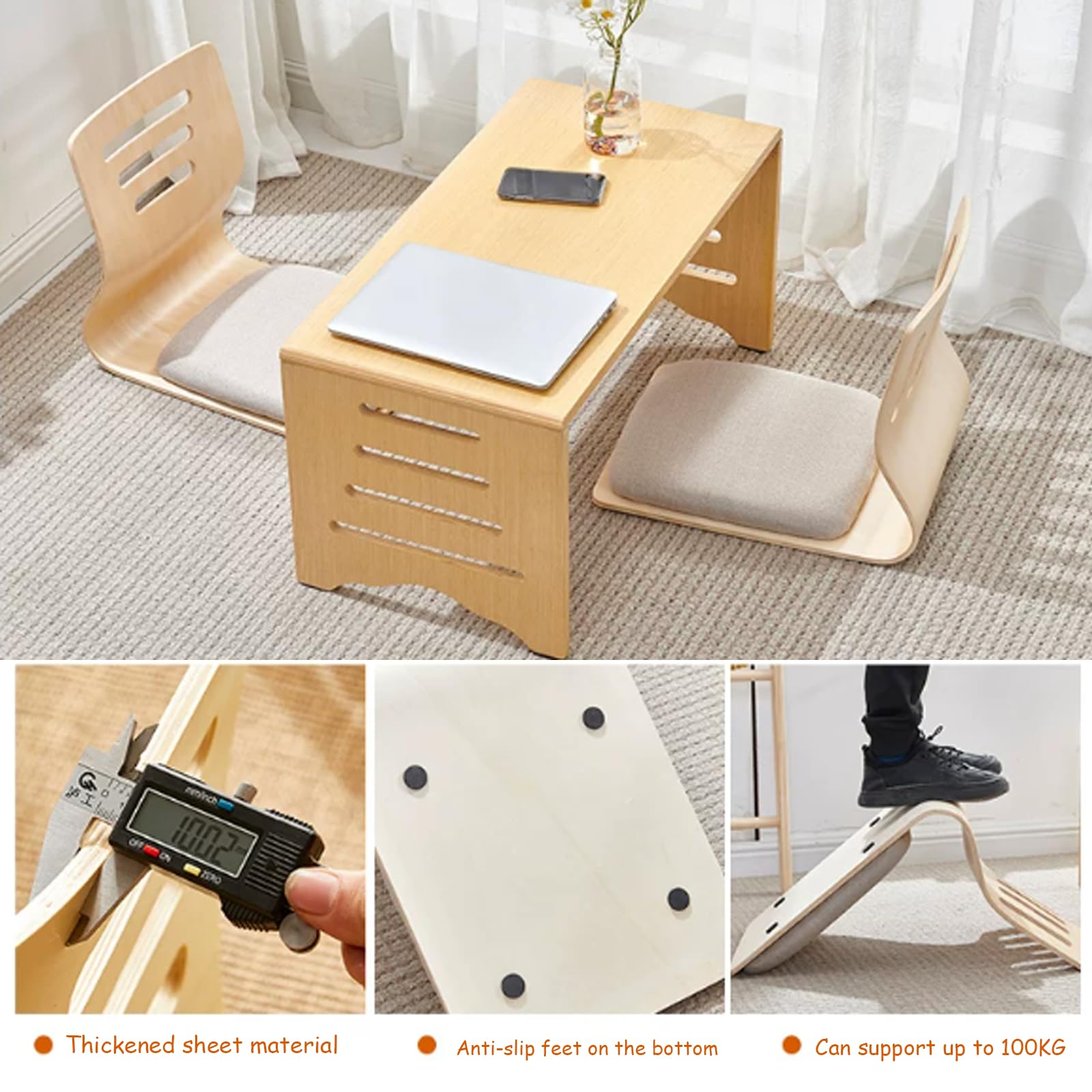 Beinloser Tatami-Stuhl, Sitzsack-Stuhl, Sitzfläche mit Rückenlehne aus massivem Holz, geeignet für Erkerfenster, Schlafzimmer, Balkone Single Hole