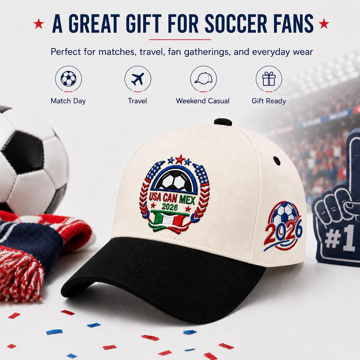 2026 Soccer Fan Cap, USA Canada Mexico Inspired Embroidered Cotton Baseball Hat, Adjustable Sports Cap for Men Women