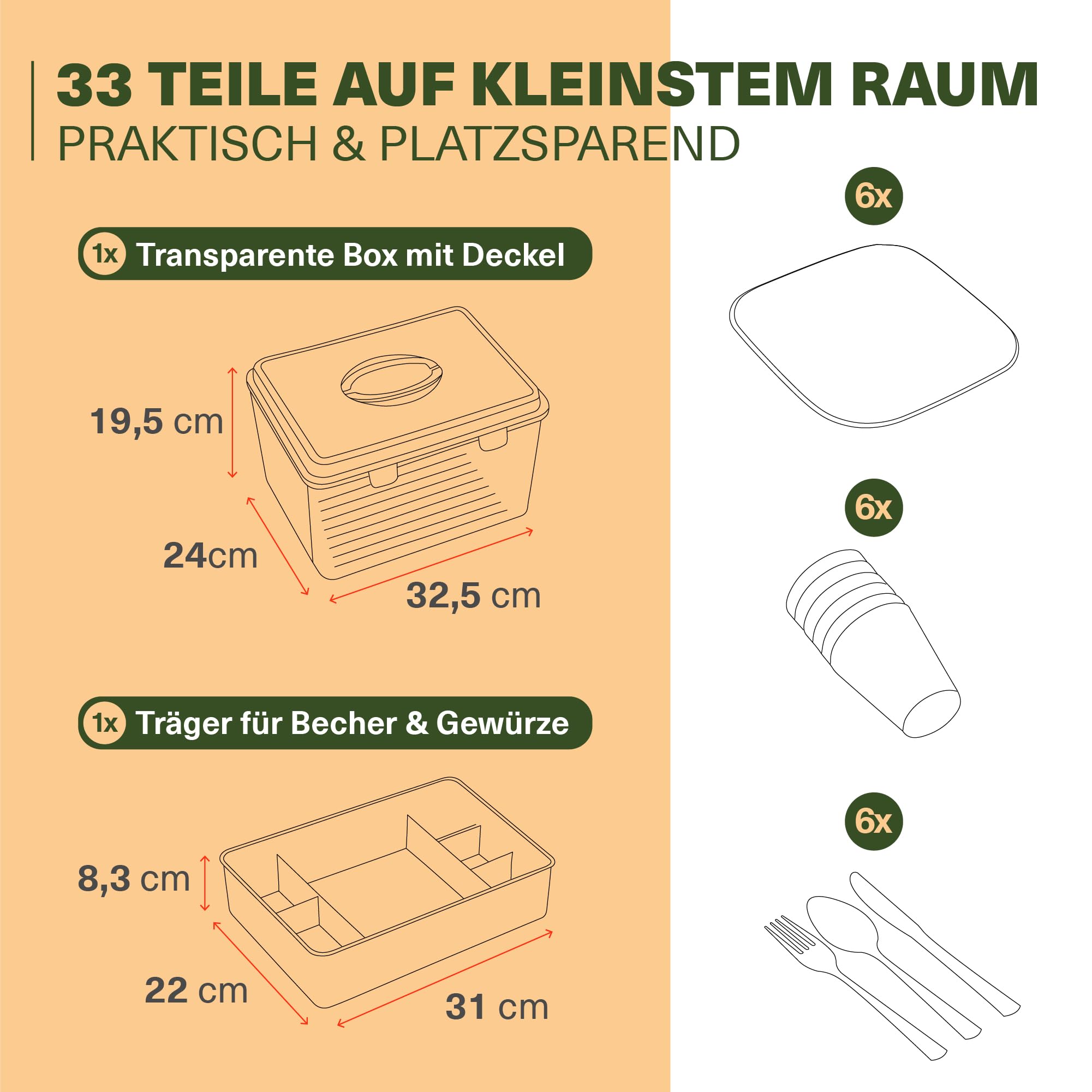 Viwares Picknick Geschirrset für 6 Personen – 33-teiliges Camping Set aus robustem Kunststoff – mit Tellern, Bechern, Besteck & Einsatz – BPA-freie Transportbox mit Tragegriff – Outdoor Picknickbox