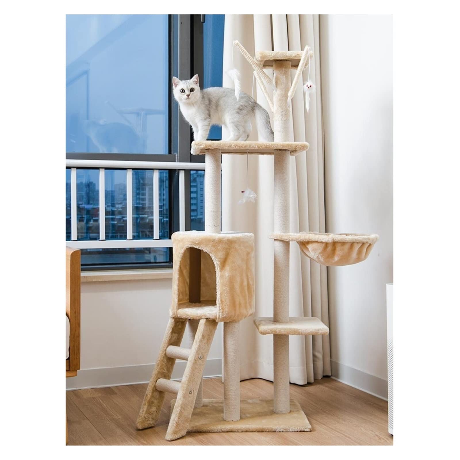 Kratzbaum, Katzenklettergerüst, integrierte Katzentoilette, Katzenbaumturm, Katzenregal, großes Spielzeug, Sprungplattform, Katzenzubehör, Katzenkletterbaum (Farbe: Beige) Vision