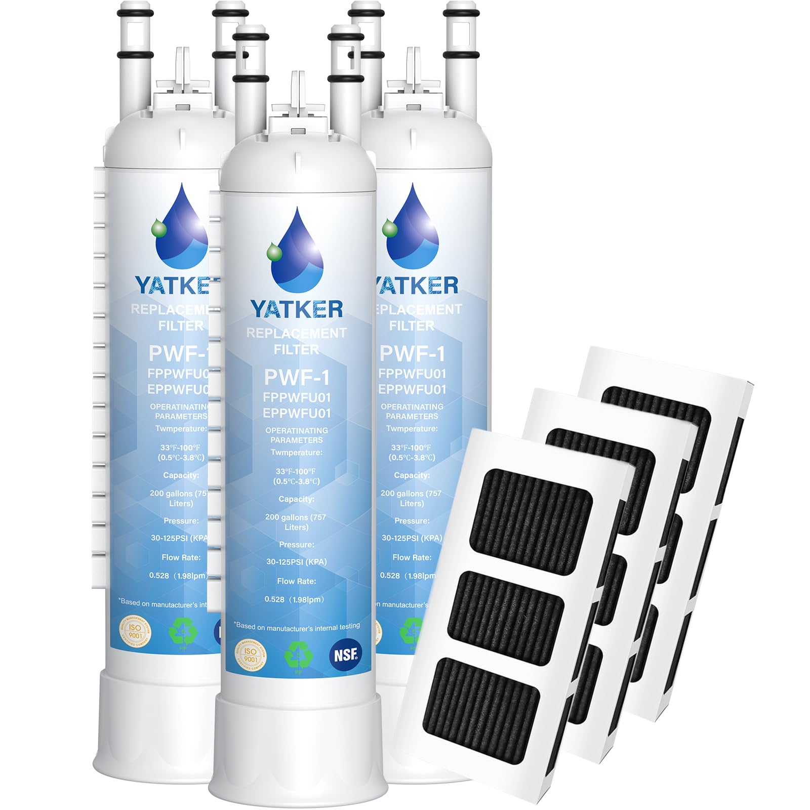 Yatker FPPWFU01 정수 필터 교체품, Frigidaire FPPWFU01 정수 필터용, PurePour PWF-1, EPPWF01 PureAdvantage PWF-1 및 PureAir Ultra II PAULTRA2 에어 필터 콤보(3+3)와 호환