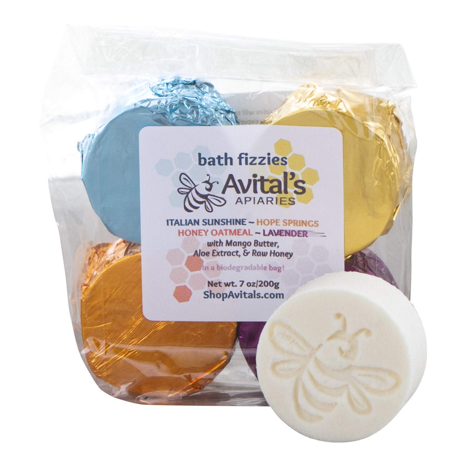 Variety Pack of Four Handmade Mango Butter & Honey Bath Bombs with Colloidal Oats: Lavender, Honey Oatmeal, Italian Sunshine, and Hope Springs